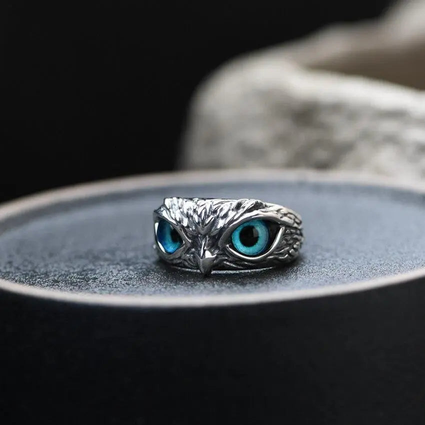 Adjustable Silver Ring with Opal and Lucky Owl Design