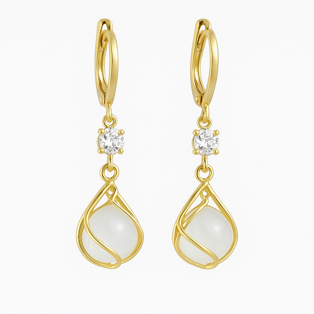 Dangle Earrings in White Opal Wrapped in Gold Wire