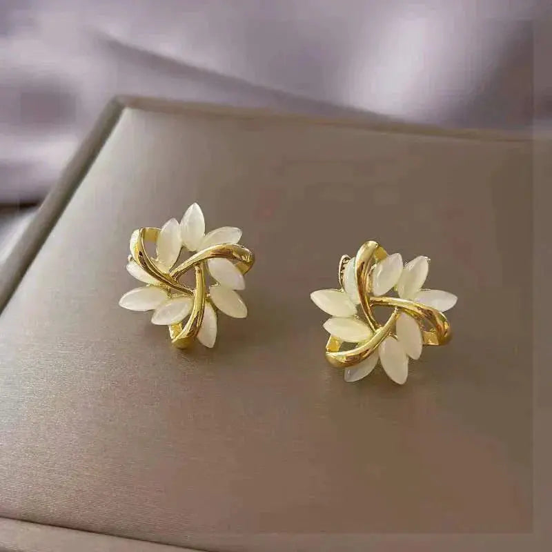 White Opal Stud Earrings with Gold Leaf