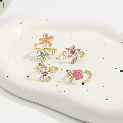 Set of alloy rings with rhinestones and pearls