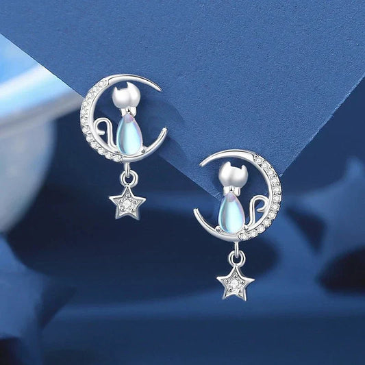 Cat Earrings with Moon and Star in 925 Sterling Silver with Zircon