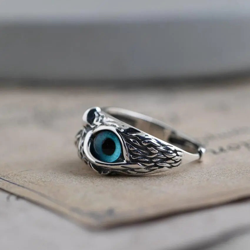 Adjustable Silver Ring with Opal and Lucky Owl Design