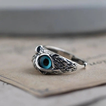 Adjustable Silver Ring with Opal and Lucky Owl Design
