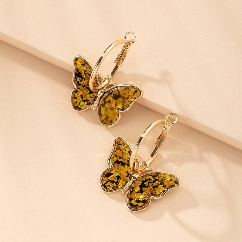 Multicoloured Butterfly Hoop Earrings in Gold