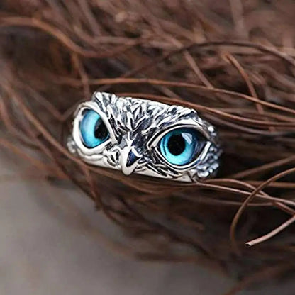 Adjustable Silver Ring with Opal and Lucky Owl Design