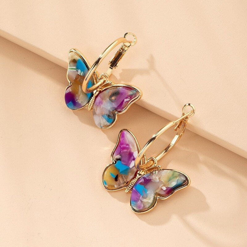Multicoloured Butterfly Hoop Earrings in Gold