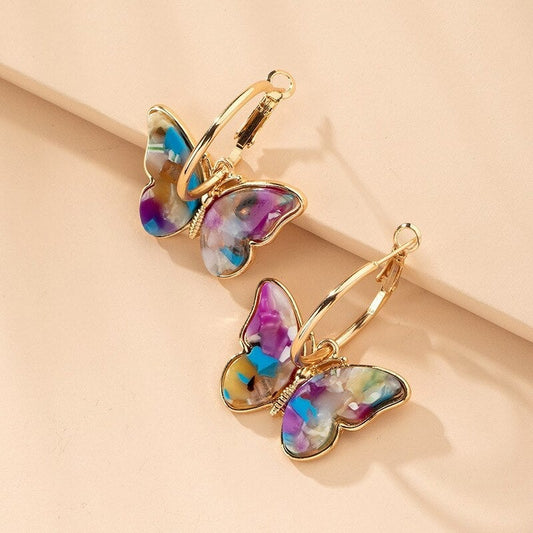 Multicoloured Butterfly Hoop Earrings in Gold