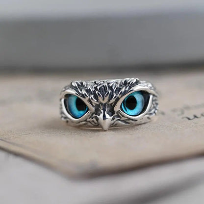 Adjustable Silver Ring with Opal and Lucky Owl Design
