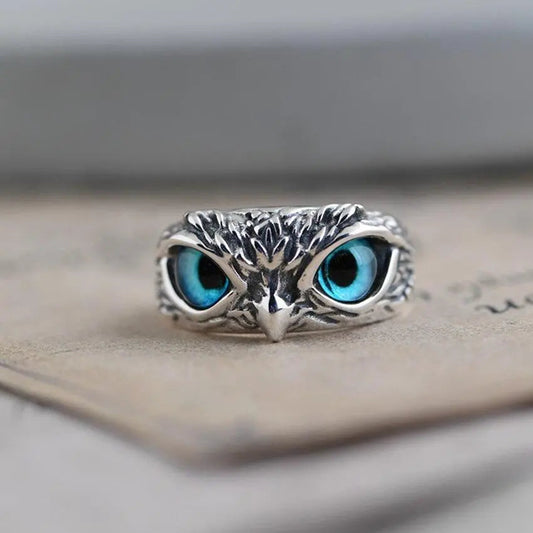 Adjustable Silver Ring with Opal and Lucky Owl Design
