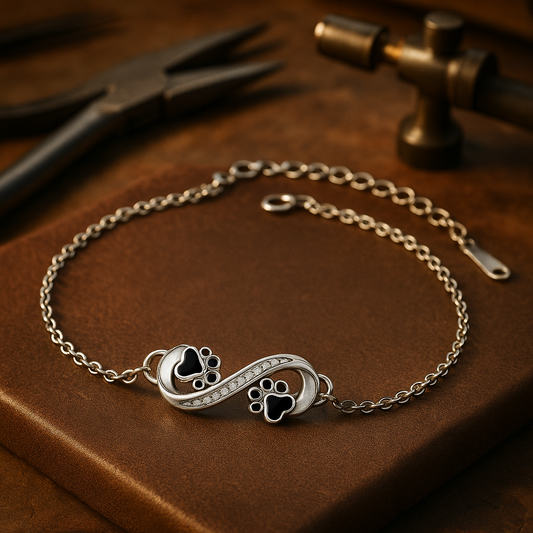 Bracelet with Infinity Symbol, Pendant with Paw Print and Zircons