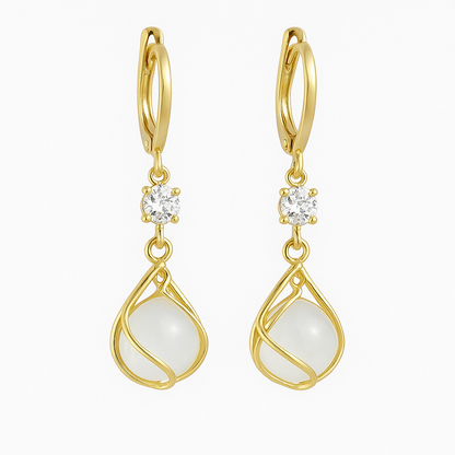 Dangle Earrings in White Opal Wrapped in Gold Wire