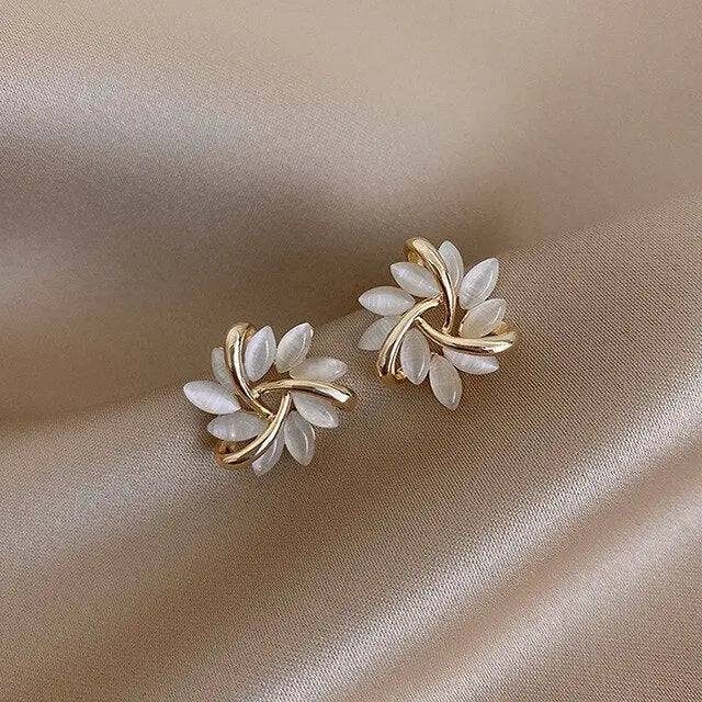 White Opal Stud Earrings with Gold Leaf
