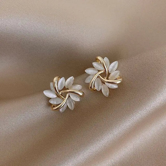 White Opal Stud Earrings with Gold Leaf