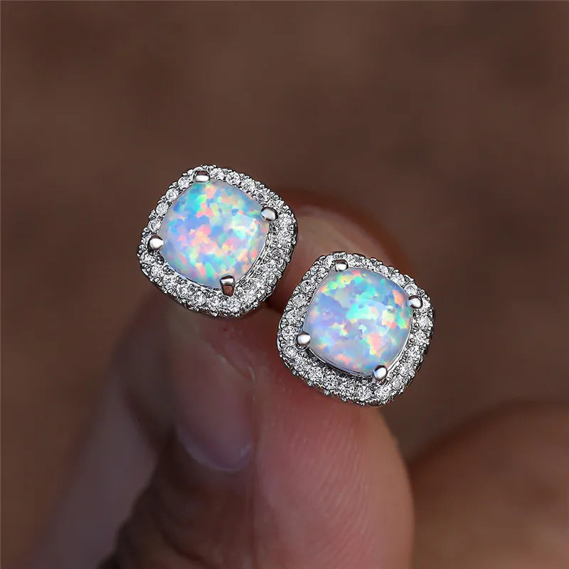Elegant Round White Fire Opal Stud Earrings in Silver