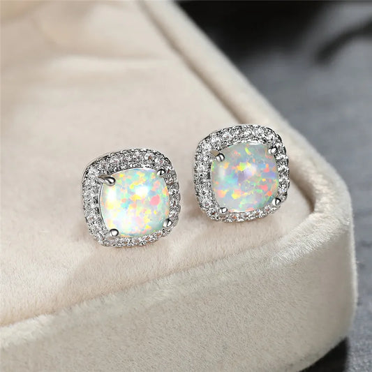Elegant Round White Fire Opal Stud Earrings in Silver