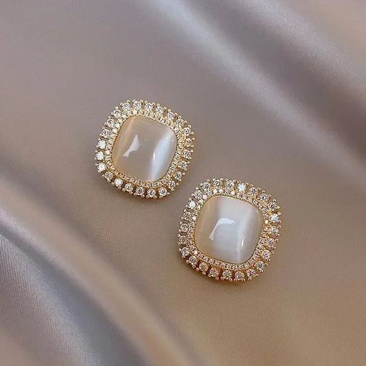 Square Opal and CZ Crystal Stud Earrings