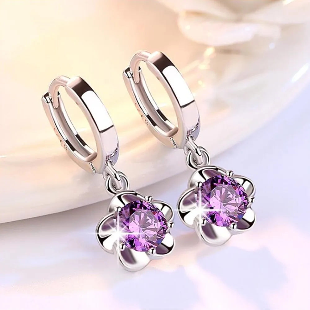 Sterling Silver Earrings with Purple and White Zircon