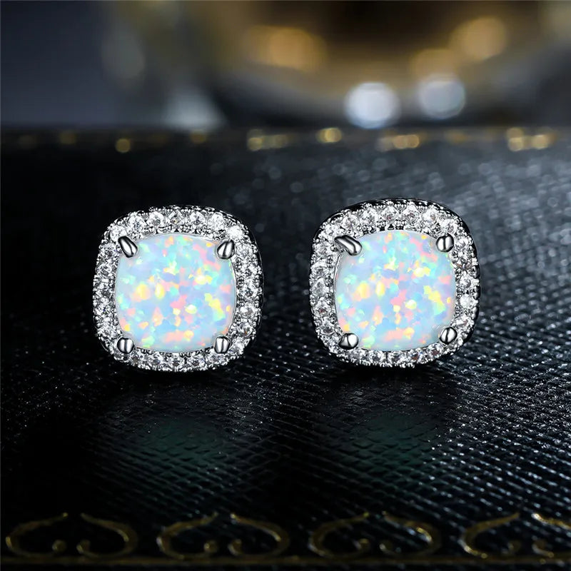 Elegant Round White Fire Opal Stud Earrings in Silver
