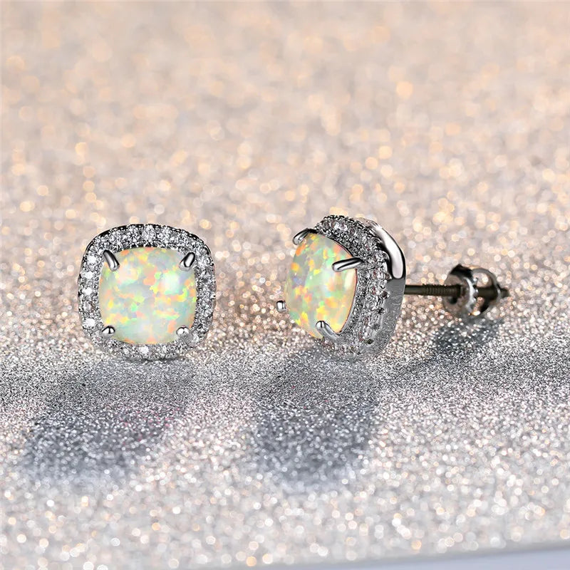 Elegant Round White Fire Opal Stud Earrings in Silver
