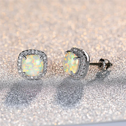 Elegant Round White Fire Opal Stud Earrings in Silver