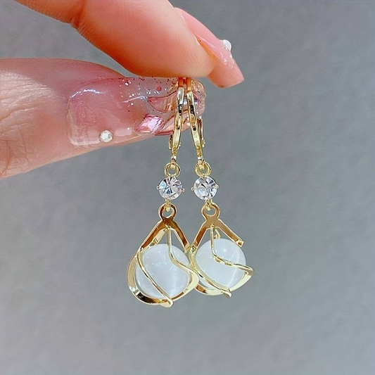 Dangle Earrings in White Opal Wrapped in Gold Wire