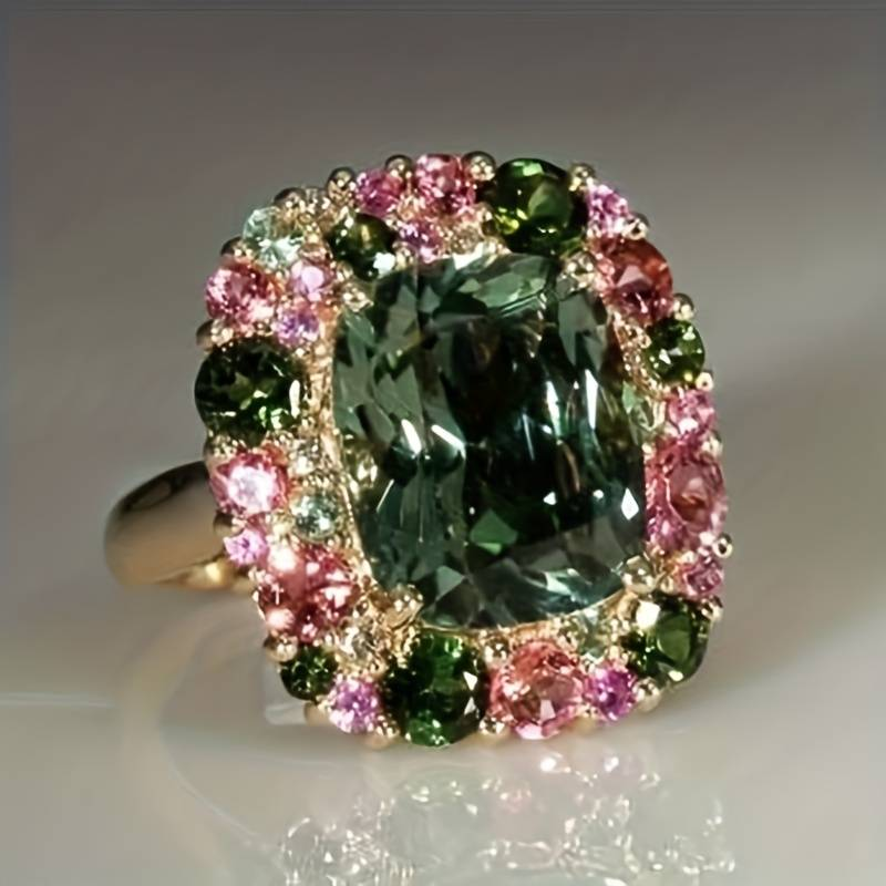 Vintage Green and Pink Crystal Ring