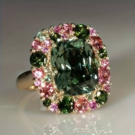 Vintage Green and Pink Crystal Ring