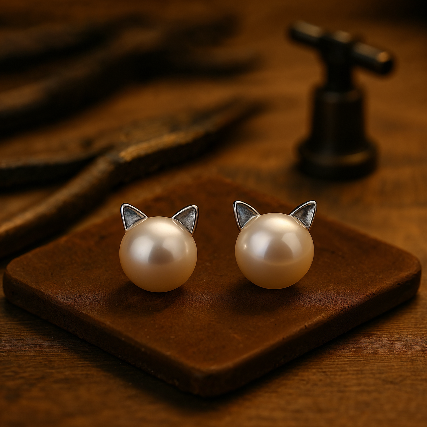 Sterling Silver Cat-Shaped Earrings with Pearl