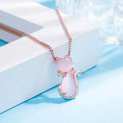 Necklace with an adorable pink stone cat featuring zircon
