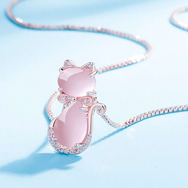 Necklace with an adorable pink stone cat featuring zircon