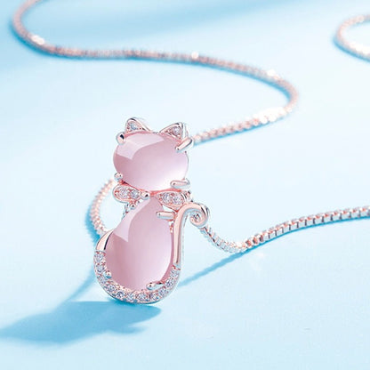 Necklace with an adorable pink stone cat featuring zircon