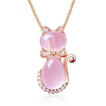 Necklace with an adorable pink stone cat featuring zircon