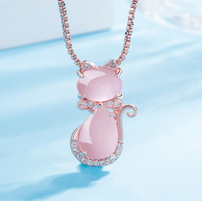 Necklace with an adorable pink stone cat featuring zircon